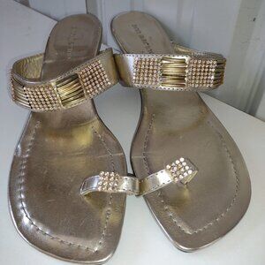 Size 9.5 Women's NEW Gold Beaded Sandals Toe Thong Footwear Shoes 3" Heel